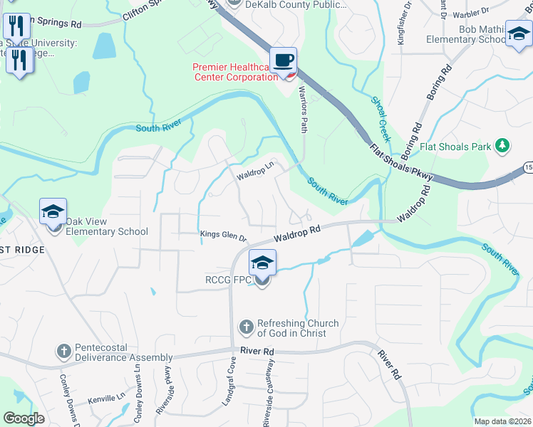 map of restaurants, bars, coffee shops, grocery stores, and more near 3490 Kingswood Trail in Decatur