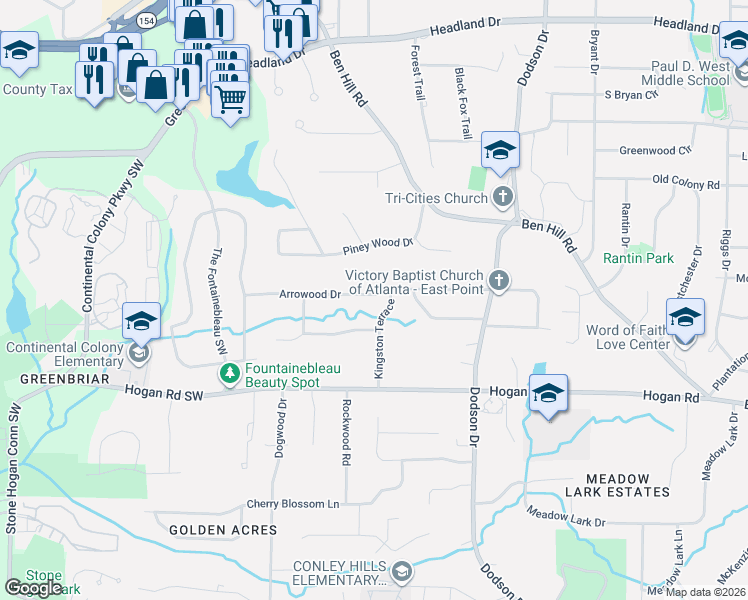 map of restaurants, bars, coffee shops, grocery stores, and more near 2826 Arrowood Drive in East Point