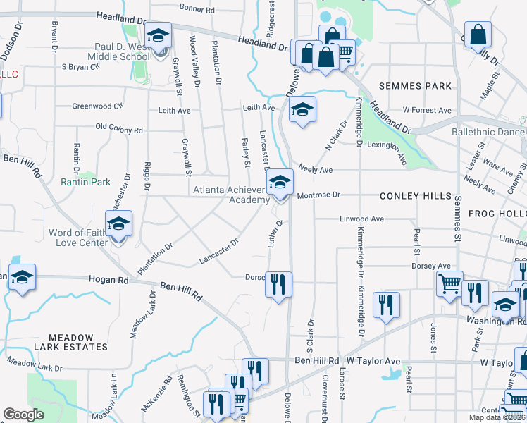 map of restaurants, bars, coffee shops, grocery stores, and more near 2722 Lancaster Drive in East Point