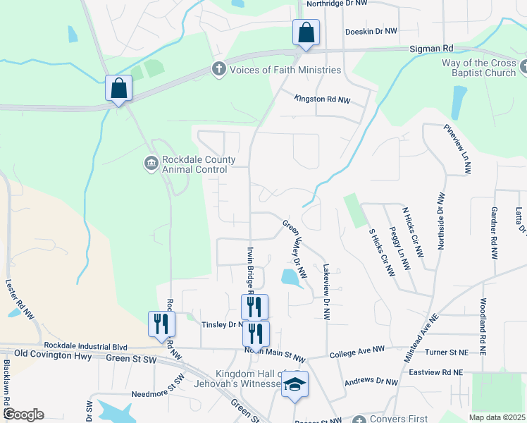 map of restaurants, bars, coffee shops, grocery stores, and more near 1106b Green Valley Drive Northwest in Conyers