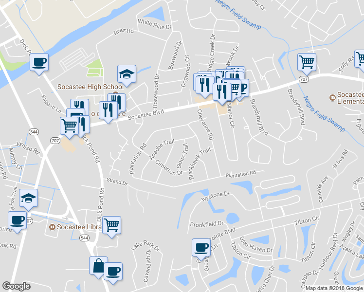 map of restaurants, bars, coffee shops, grocery stores, and more near 4 Sioux Trail in Myrtle Beach