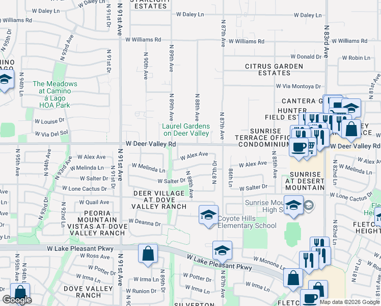 map of restaurants, bars, coffee shops, grocery stores, and more near 8770 West Alex Avenue in Peoria
