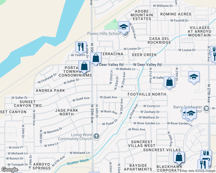 map of restaurants, bars, coffee shops, grocery stores, and more near 3355 West Abraham Lane in Phoenix