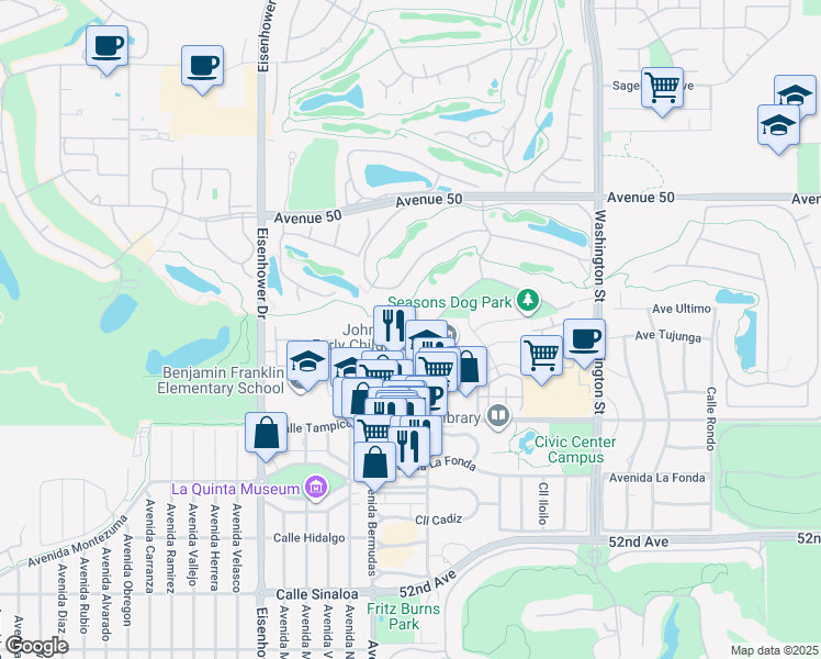 map of restaurants, bars, coffee shops, grocery stores, and more near 50630 Santa Rosa Plaza in La Quinta