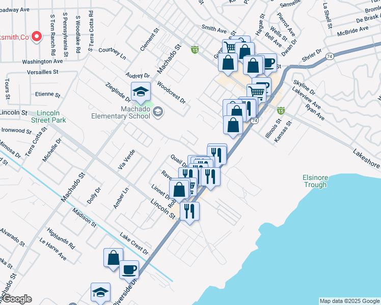 map of restaurants, bars, coffee shops, grocery stores, and more near 16473 Joy Street in Lake Elsinore