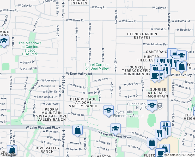 map of restaurants, bars, coffee shops, grocery stores, and more near 8776 West Alex Avenue in Peoria