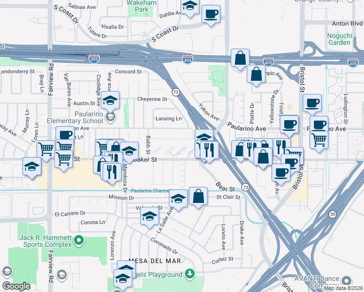 map of restaurants, bars, coffee shops, grocery stores, and more near 917 Lombard Court in Costa Mesa