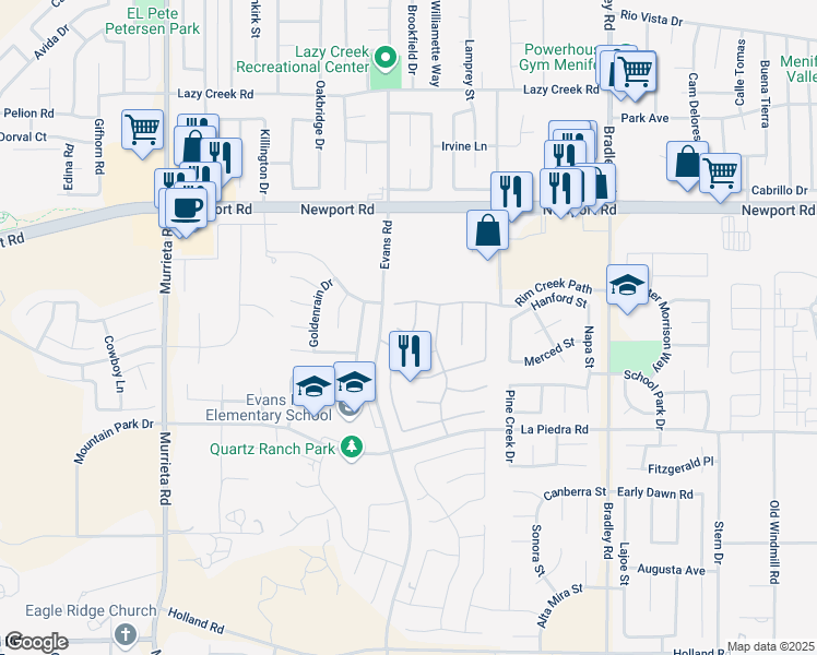 map of restaurants, bars, coffee shops, grocery stores, and more near 26546 Roseate Circle in Menifee