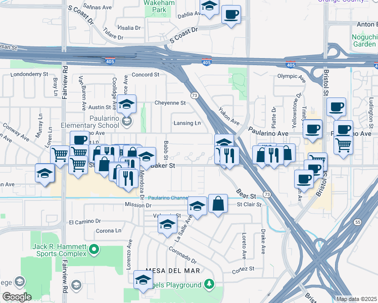 map of restaurants, bars, coffee shops, grocery stores, and more near 911 Powell Court in Costa Mesa