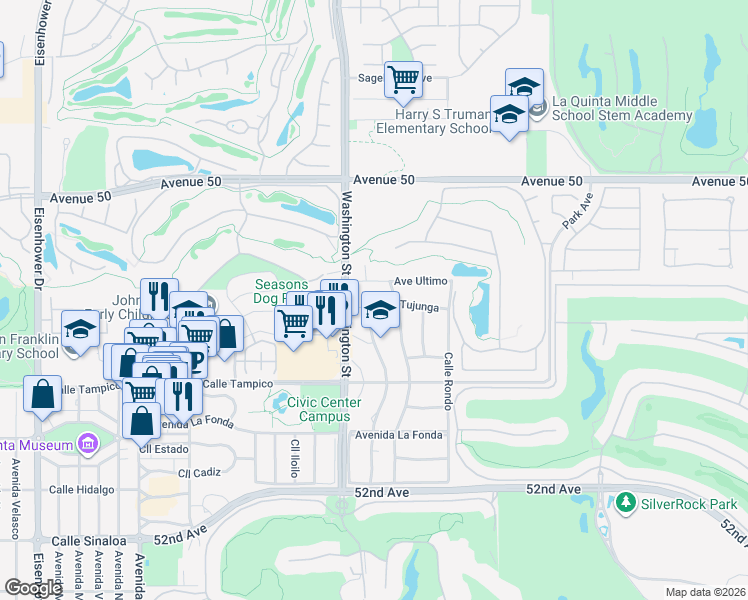 map of restaurants, bars, coffee shops, grocery stores, and more near 78550 Avenue Tujunga in La Quinta