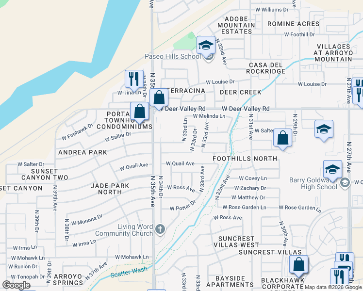 map of restaurants, bars, coffee shops, grocery stores, and more near 3355 West Abraham Lane in Phoenix