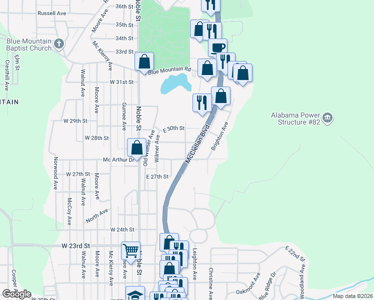 map of restaurants, bars, coffee shops, grocery stores, and more near 2815 Patton Road in Anniston