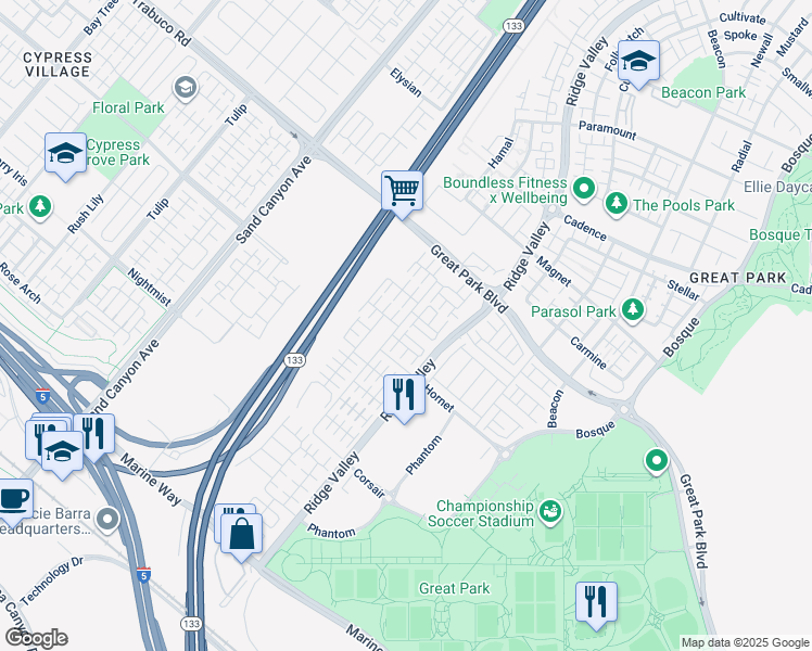 map of restaurants, bars, coffee shops, grocery stores, and more near 338 Floral View in Irvine