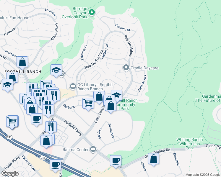 map of restaurants, bars, coffee shops, grocery stores, and more near 19431 Rue De Valore in Foothill Ranch