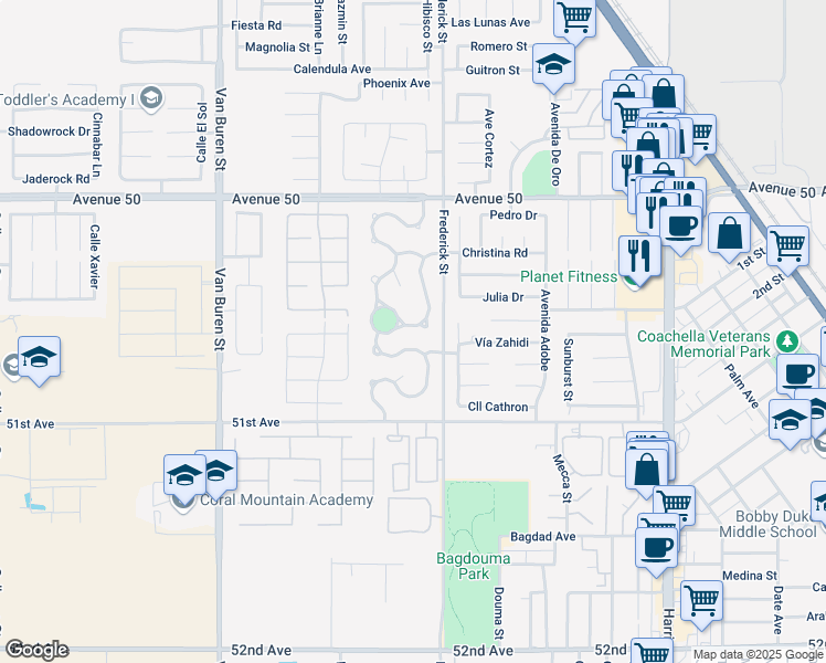 map of restaurants, bars, coffee shops, grocery stores, and more near 50510 Jalisco Avenue in Coachella