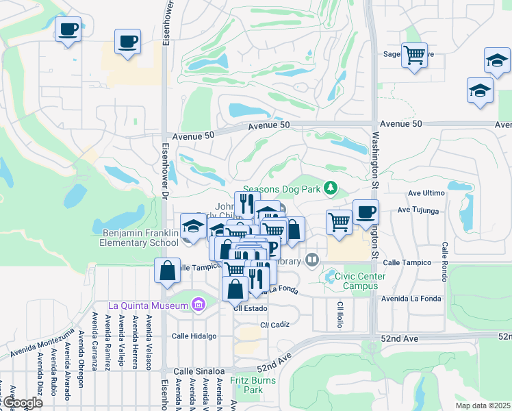 map of restaurants, bars, coffee shops, grocery stores, and more near 50610 Santa Rosa Plaza in La Quinta