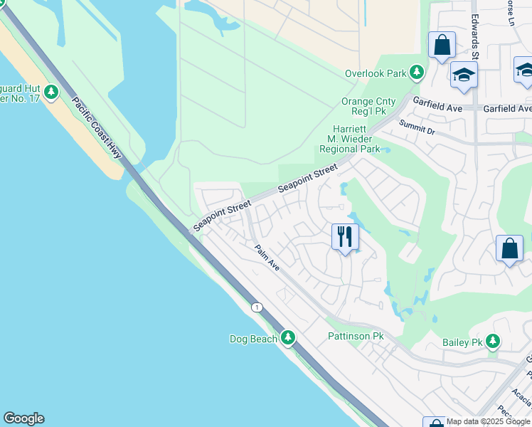 map of restaurants, bars, coffee shops, grocery stores, and more near 19305 Champion Lane in Huntington Beach