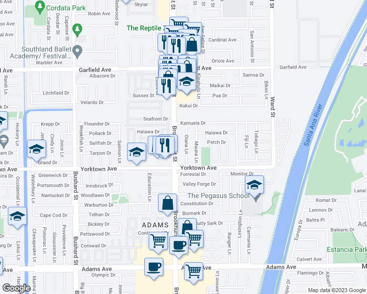 map of restaurants, bars, coffee shops, grocery stores, and more near 19371 Olana Lane in Huntington Beach