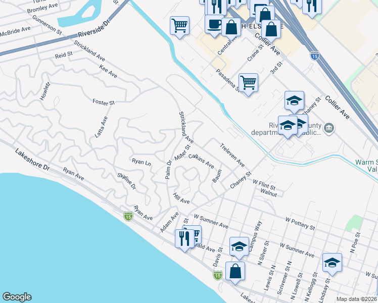 map of restaurants, bars, coffee shops, grocery stores, and more near 30195 Miller Street in Lake Elsinore