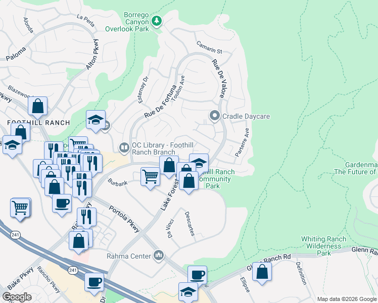 map of restaurants, bars, coffee shops, grocery stores, and more near 19405 Rue De Valore in Lake Forest