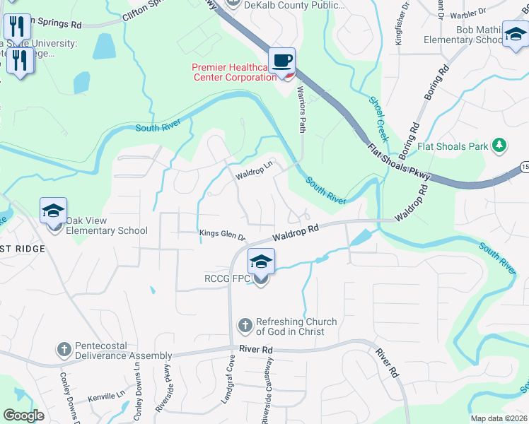 map of restaurants, bars, coffee shops, grocery stores, and more near 3490 Kingswood Trail in Decatur