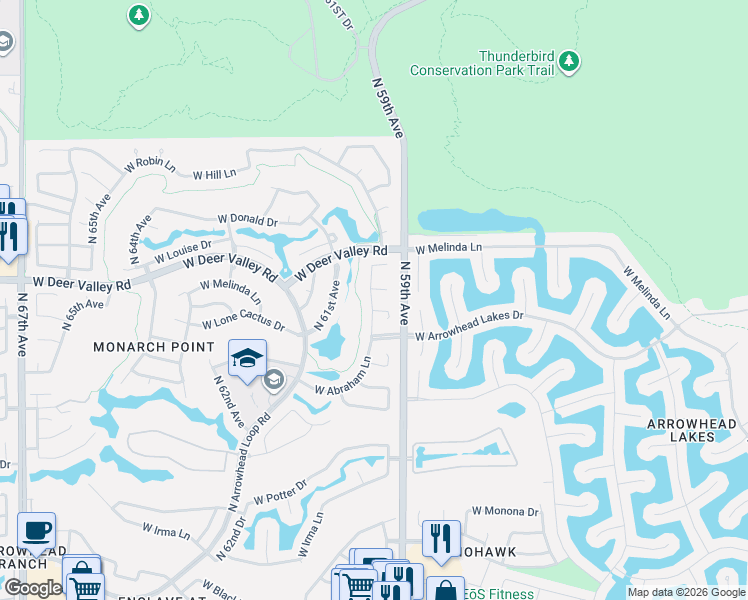 map of restaurants, bars, coffee shops, grocery stores, and more near 21669 North 59th Drive in Glendale