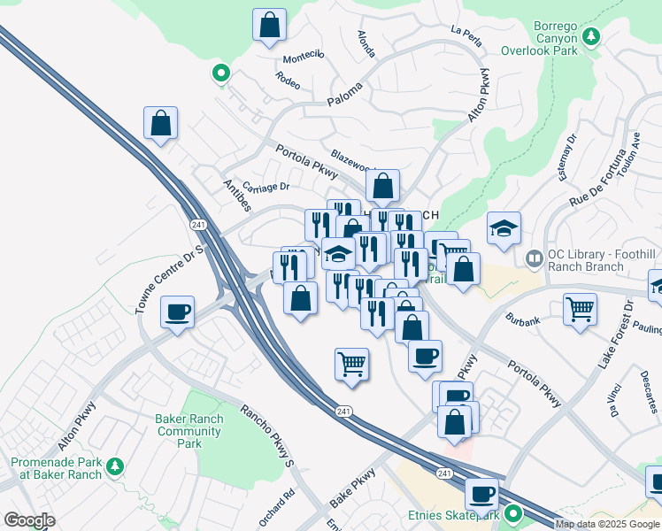 map of restaurants, bars, coffee shops, grocery stores, and more near 26472 Towne Centre Drive in Lake Forest