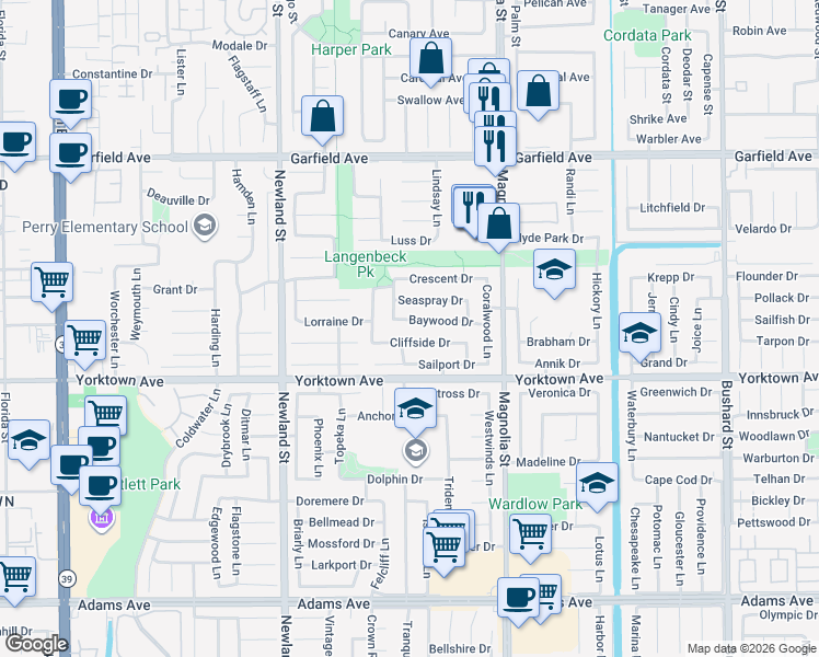 map of restaurants, bars, coffee shops, grocery stores, and more near 8792 Baywood Drive in Huntington Beach