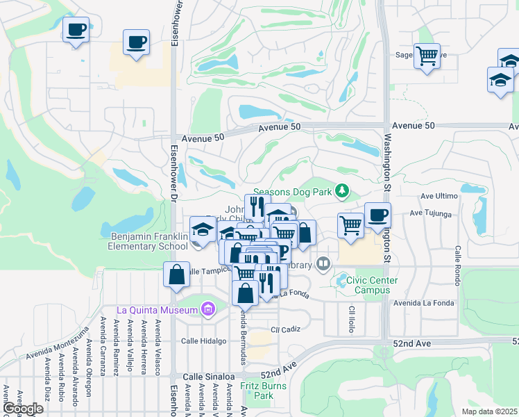 map of restaurants, bars, coffee shops, grocery stores, and more near 50630 Santa Rosa Plaza in La Quinta