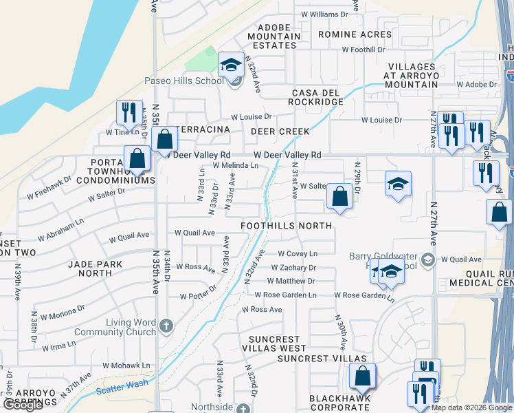 map of restaurants, bars, coffee shops, grocery stores, and more near 3205 West Abraham Lane in Phoenix