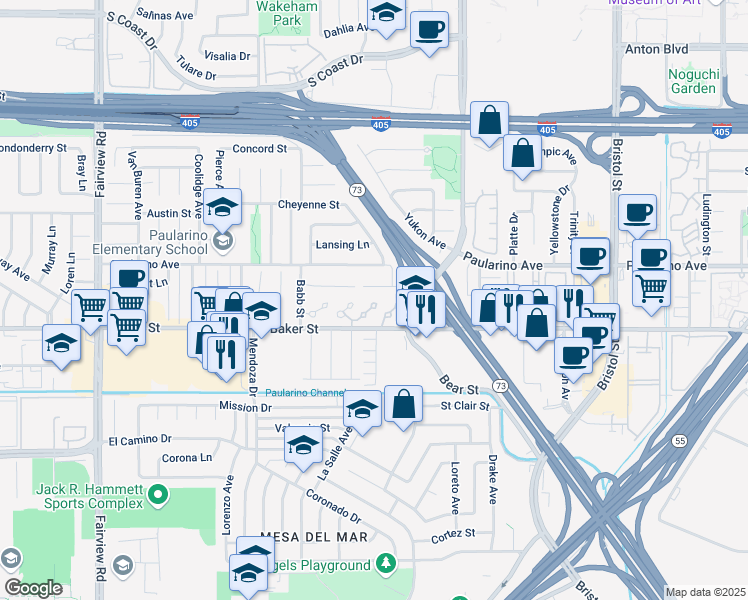 map of restaurants, bars, coffee shops, grocery stores, and more near 915 Lombard Court in Costa Mesa