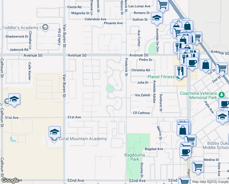 map of restaurants, bars, coffee shops, grocery stores, and more near 50510 Jalisco Avenue in Coachella