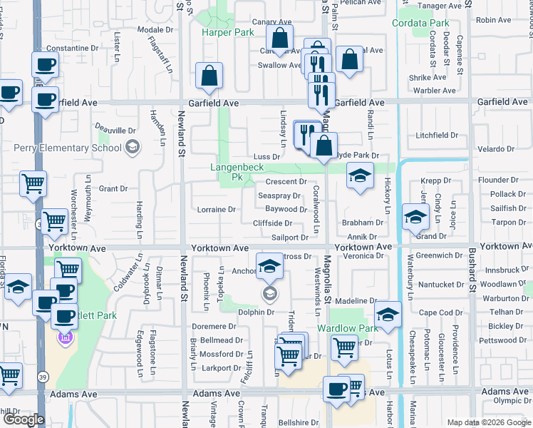 map of restaurants, bars, coffee shops, grocery stores, and more near 8792 Baywood Drive in Huntington Beach