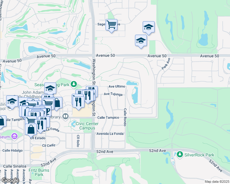 map of restaurants, bars, coffee shops, grocery stores, and more near 78650 Avenue Tujunga in La Quinta