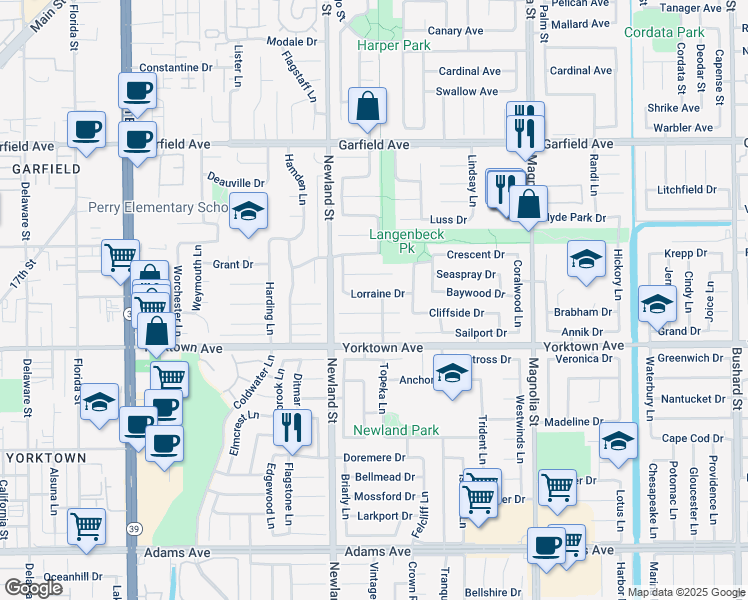 map of restaurants, bars, coffee shops, grocery stores, and more near 8602 Lorraine Drive in Huntington Beach