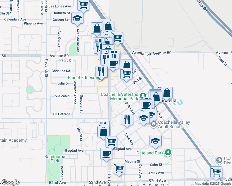map of restaurants, bars, coffee shops, grocery stores, and more near 1355 2nd Street in Coachella