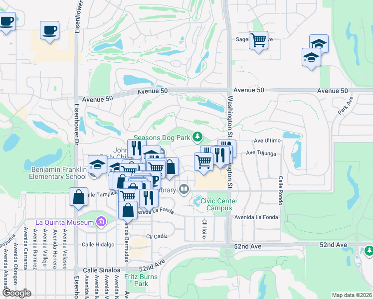 map of restaurants, bars, coffee shops, grocery stores, and more near 78310 Winter Cove Court in La Quinta