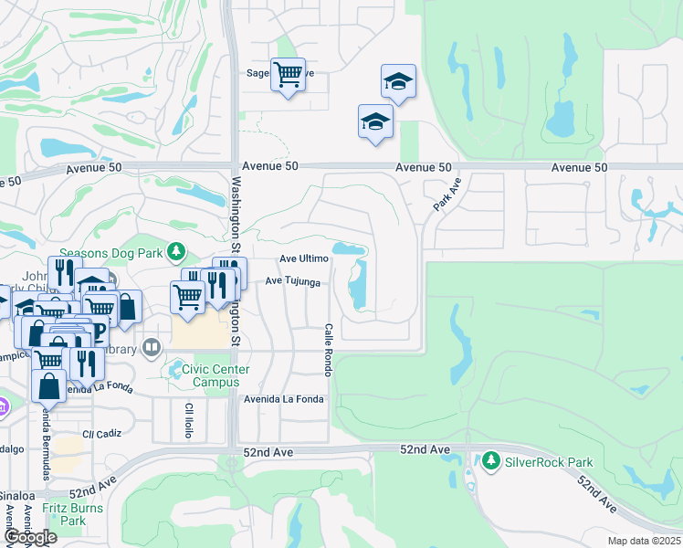 map of restaurants, bars, coffee shops, grocery stores, and more near 50520 Cypress Point Drive in La Quinta