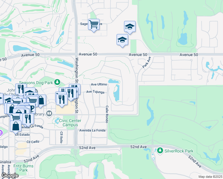map of restaurants, bars, coffee shops, grocery stores, and more near 50520 Cypress Point Drive in La Quinta