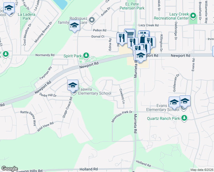 map of restaurants, bars, coffee shops, grocery stores, and more near 30283 Changing Wind Lane in Menifee