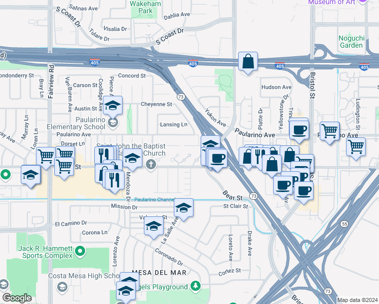map of restaurants, bars, coffee shops, grocery stores, and more near 915 Lombard Court in Costa Mesa