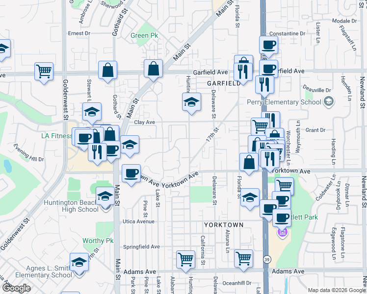 map of restaurants, bars, coffee shops, grocery stores, and more near 19412 Pompano Lane in Huntington Beach