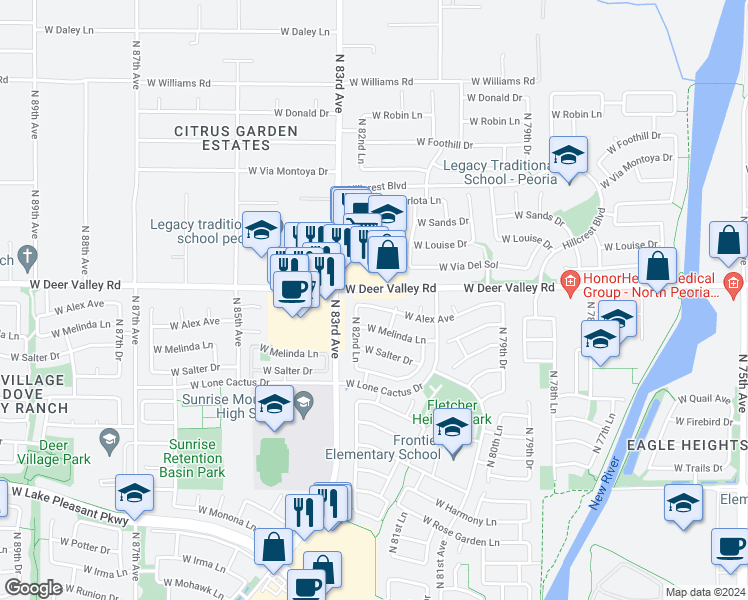 map of restaurants, bars, coffee shops, grocery stores, and more near 8238 West Alex Avenue in Peoria