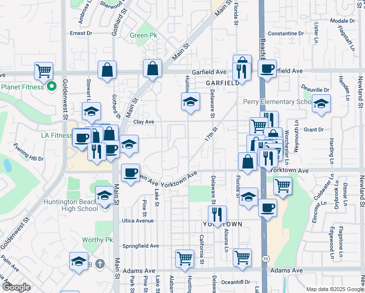 map of restaurants, bars, coffee shops, grocery stores, and more near 19412 Pompano Lane in Huntington Beach