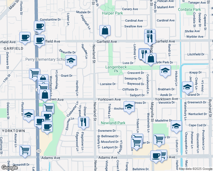map of restaurants, bars, coffee shops, grocery stores, and more near 8602 Lorraine Drive in Huntington Beach