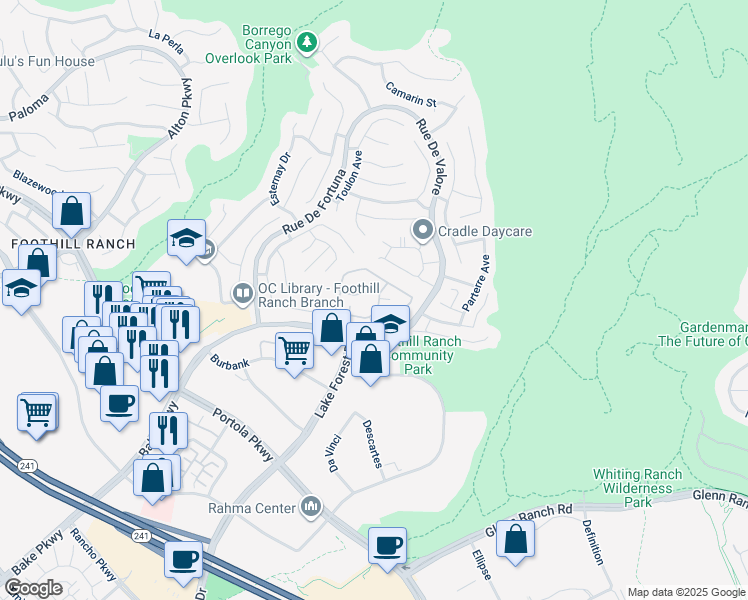 map of restaurants, bars, coffee shops, grocery stores, and more near 19405 Rue De Valore in Lake Forest