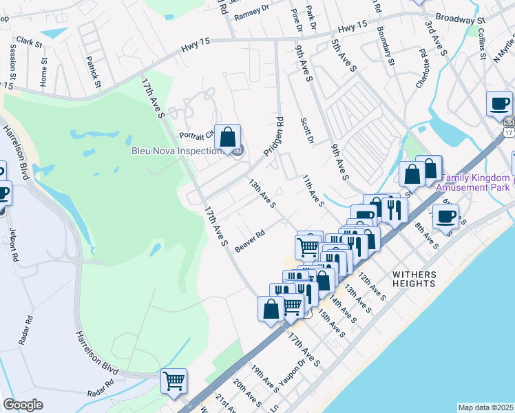 map of restaurants, bars, coffee shops, grocery stores, and more near 701 13th Avenue South in Myrtle Beach