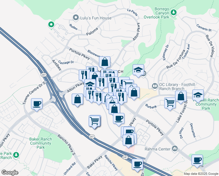 map of restaurants, bars, coffee shops, grocery stores, and more near 26696 Portola Parkway in Lake Forest