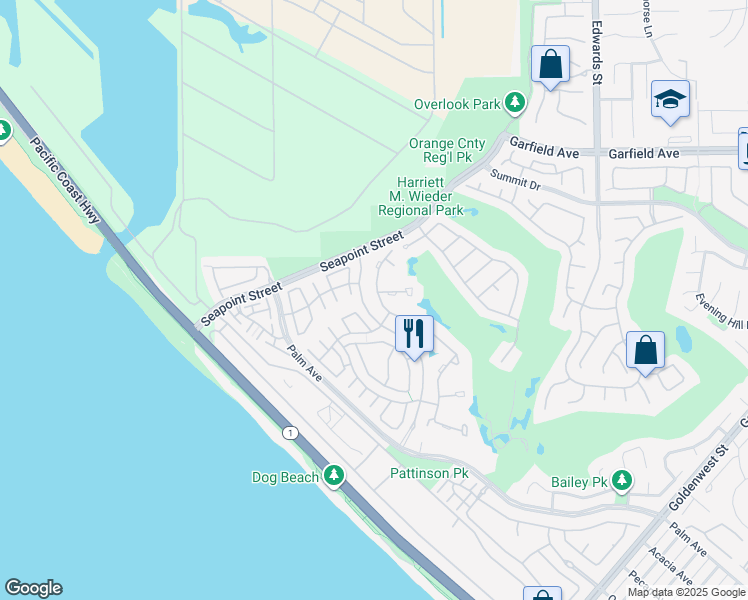 map of restaurants, bars, coffee shops, grocery stores, and more near 19305 Woodlands Drive in Huntington Beach