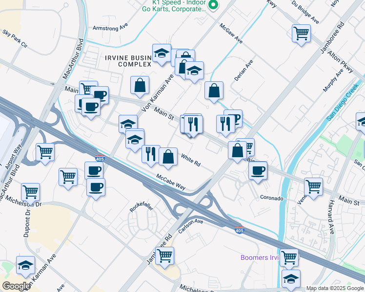 map of restaurants, bars, coffee shops, grocery stores, and more near 2100 Sullivan in Irvine